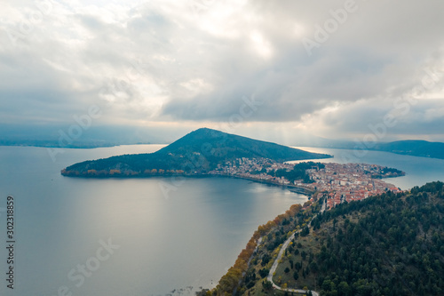 Drone shot of the Castoria peninsula in Greece