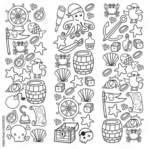 doodle pirate elememts, vector illustration.