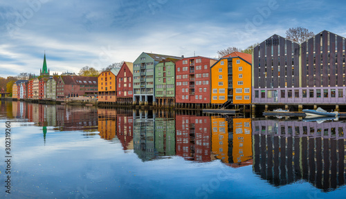 The old Baracks in Trondheim over Nidelva. Norway city lanscape