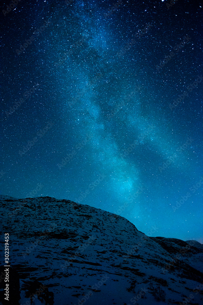 Milky Way over a snow covered mountain