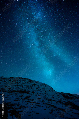 Milky Way over a snow covered mountain