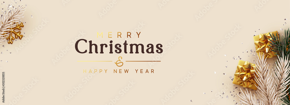 Merry Christmas, Happy New Year. Greeting card, Xmas banner, horizontal header for website, web poster. Realistic gift boxes, pine and fir branches. gold snowflake, silver confetti, beige background - obrazy, fototapety, plakaty 