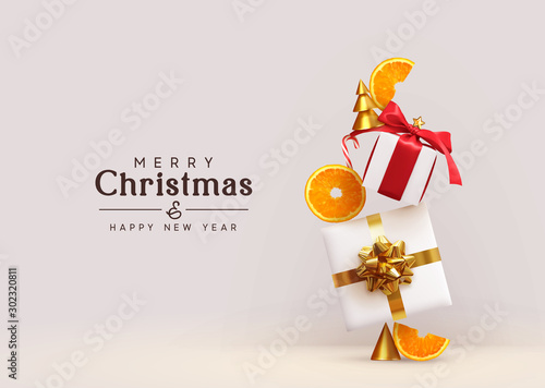 Merry Christmas and Happy New Year. Background with realistic festive gifts box, orange slices conical metal Christmas trees. Xmas present. Abstract balanced composition design concept