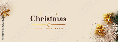 Merry Christmas, Happy New Year. Greeting card, Xmas banner, horizontal header for website, web poster. Realistic gift boxes, pine and fir branches. gold snowflake, silver confetti, beige background
