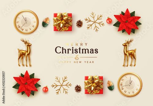 Christmas background. General view flat, flower red Poinsettia flor de Navidad. Symbol Christmas Flower Star Euphorbia pulcherrima. gift box, gold snowflake, Xmas ball, old clock, Gold metal Reindeer