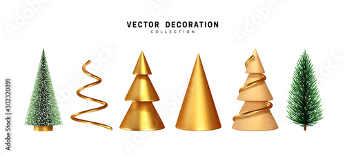Set of Christmas tree. 3d render collection of golden and beige sharp cone shapes, lush pine and spruce green tree. abstract decorative. Xmas object isolated on white background