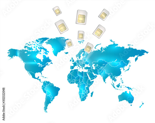 World map of blue with separate states and sim cards in glowing light on white background vector