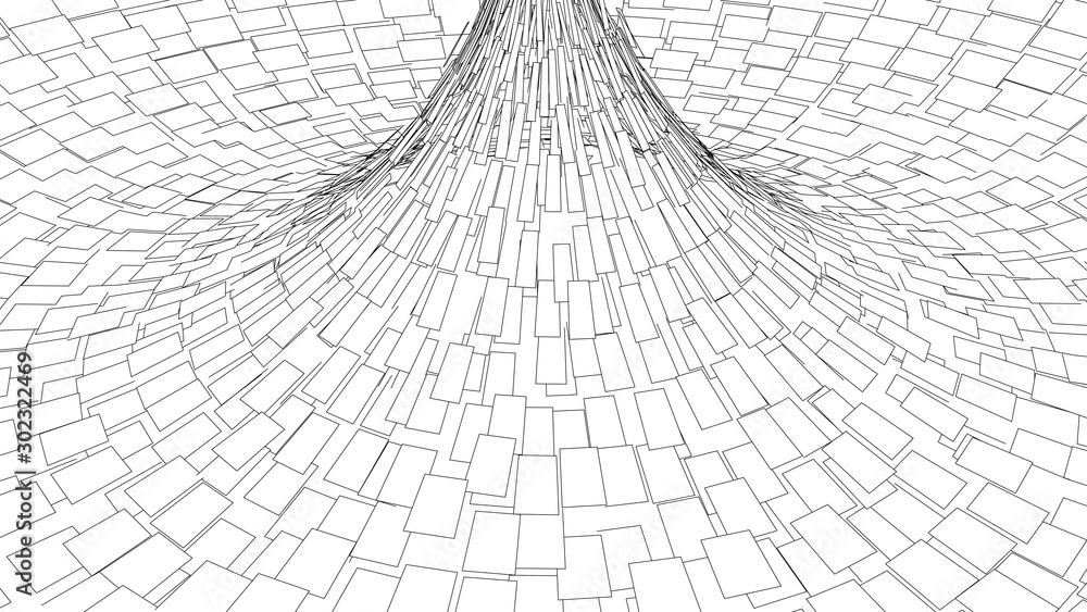 Wireframe abstract tunnel with divided squares. 3D vector wormhole with a mesh structure.