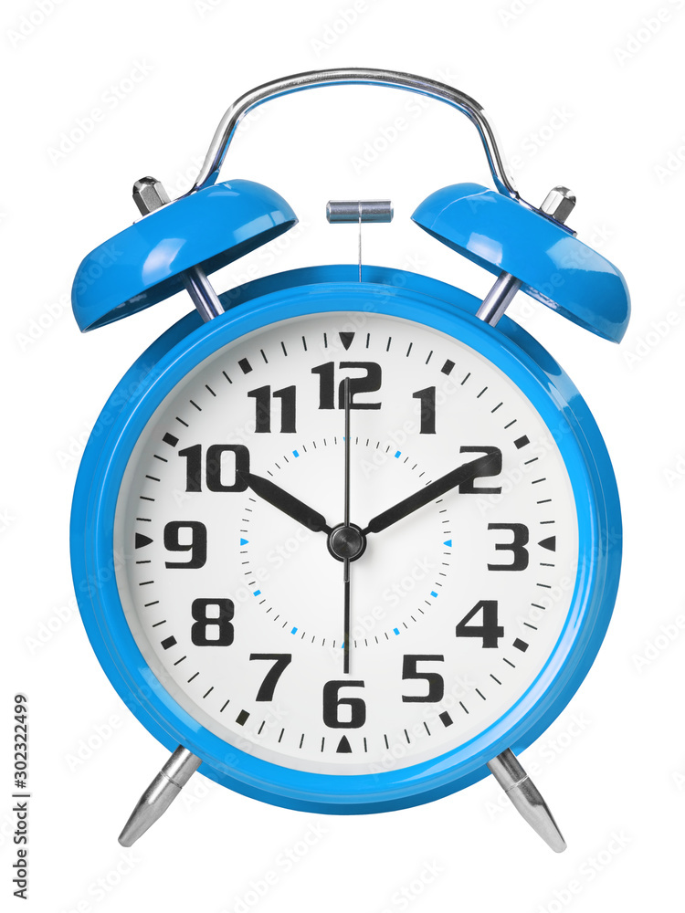 Blue retro alarm clock, with a large dial, isolated on white background. The concept of time, delay, morning rise, the appointed meeting. Close up shot.
