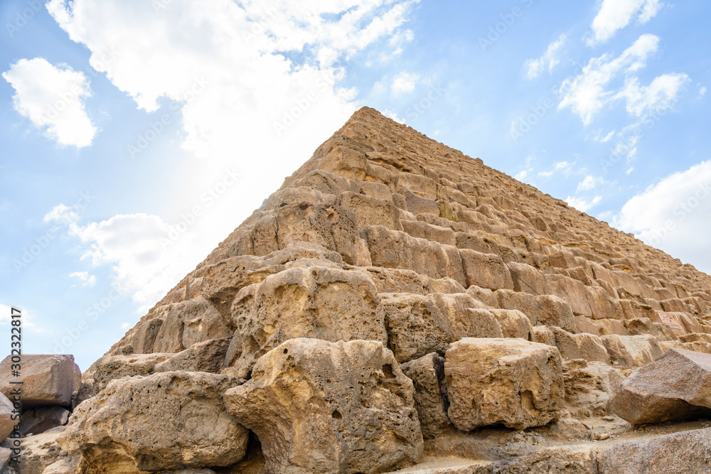 Closeup view on a great pyramid of Cheops in Giza plateau. Cairo, Egypt