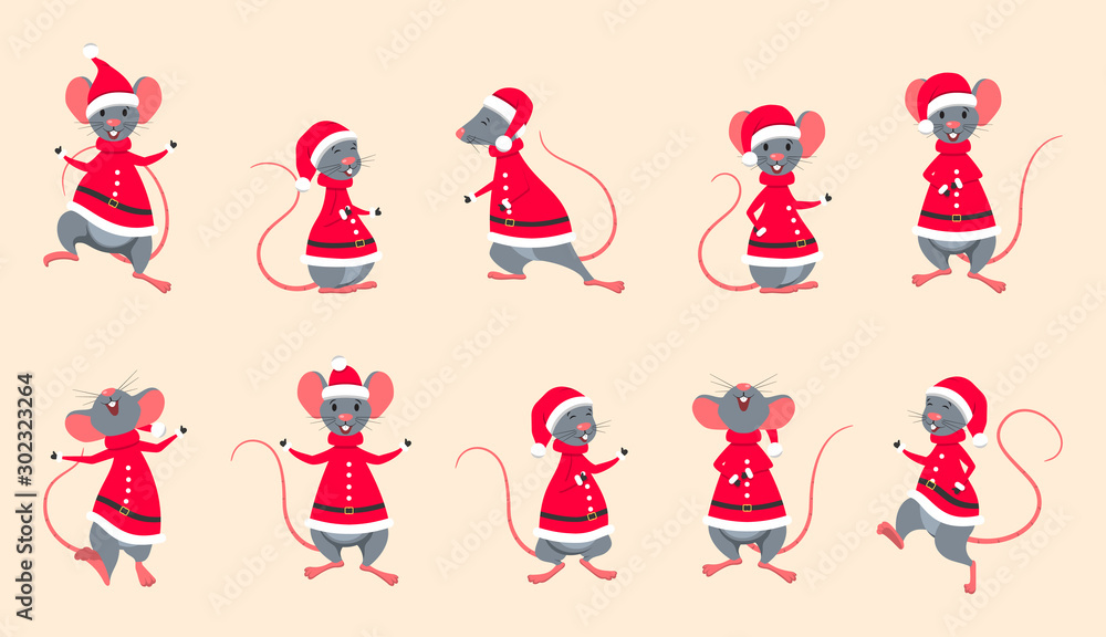 Fototapeta premium Rats Santa Claus. Funny Christmas Characters in Different Poses