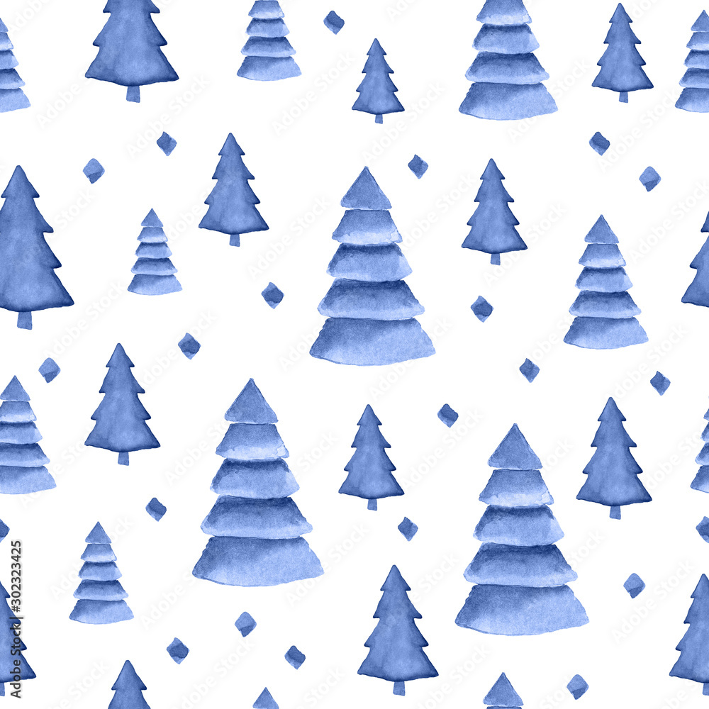 Obraz premium Watercolor hand drawn seamless pattern with blue indigo trees. Hand drawn pines isolated on white background