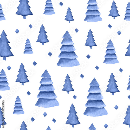 Watercolor hand drawn seamless pattern with blue indigo trees. Hand drawn pines isolated on white background © Nata789