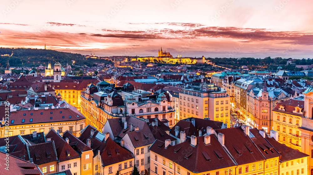 Prague Castle evening scenery. Hradcany and Old Town of Prague, Czech Republic