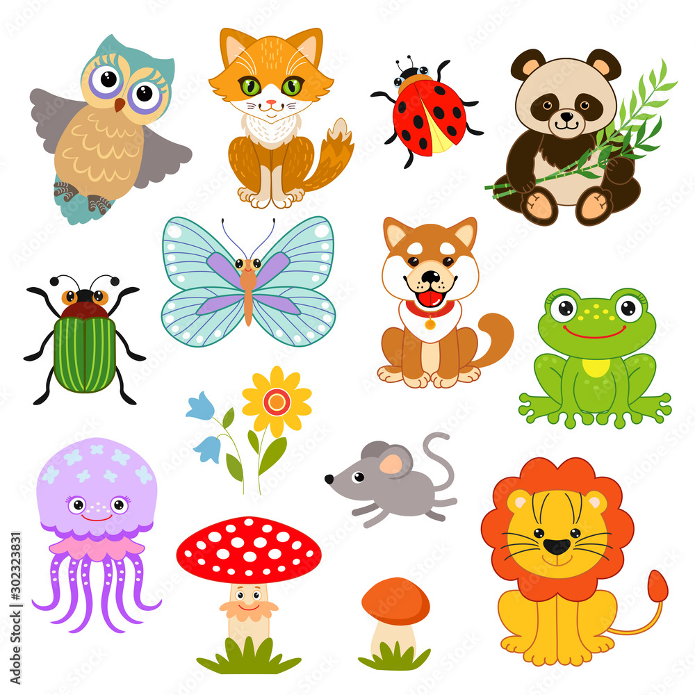 Set of funny characters: animals, birds, insects, plants.Owl, cat, ladybug, panda, beetle, butterfly, dog, frog, jellyfish, fly agaric, mushroom, lion, mouse, flower. Set of funny characters: animals, birds, insects, plants.Owl, cat, ladybug, panda, beetle, butterfly, dog, frog, jellyfish, fly agaric, mushroom, lion, mouse, flower.