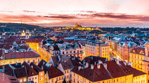 Prague Castle evening scenery. Hradcany and Old Town of Prague, Czech Republic
