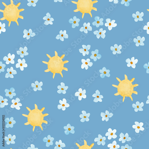 Little white flowers and sun watercolor painting - hand drawn seamless pattern on blue background