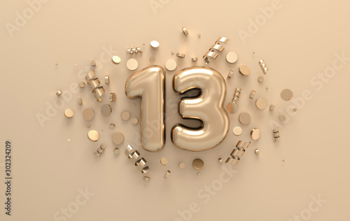 Golden 3d number 13 with festive confetti and spiral ribbons. Poster template for celebrating 13 anniversary event party. 3d render