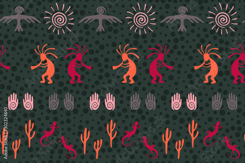design with trickster god, swirl icons on human palm, sun, eagle.