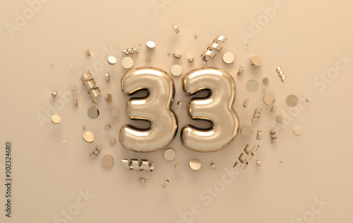Golden 3d number 33 with festive confetti and spiral ribbons. Poster template for celebrating 33 anniversary event party. 3d render