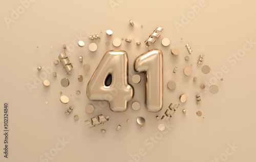 Golden 3d number 41 with festive confetti and spiral ribbons. Poster template for celebrating 41 anniversary event party. 3d render