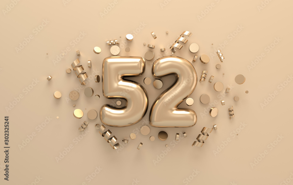 Golden 3d number 52 with festive confetti and spiral ribbons. Poster ...