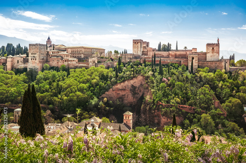 Panorama of Alhambra palaces and gardens in Granada, Andalusia, Spain