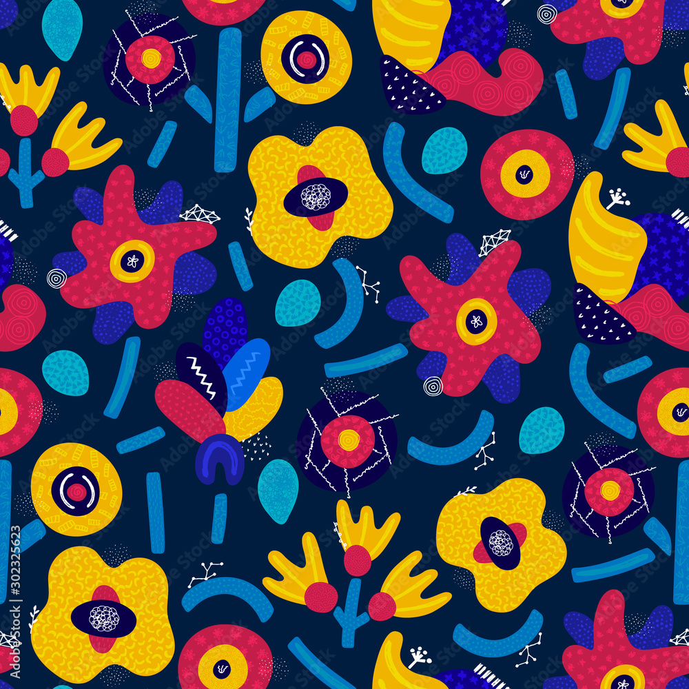 Vector seamless pattern. Abstract hand drawn flowers with different textures. Floral composition. Freehand style. Artistic design for wallpaper, textiles, wrapping, card, print on clothes, packaging Vector seamless pattern. Abstract hand drawn flowers with different textures. Floral composition. Freehand style. Artistic design for wallpaper, textiles, wrapping, card, print on clothes, packaging