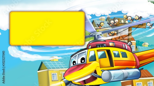 cartoon scene with cityscape with helicopter flying or landing with frame for text - illustration for children