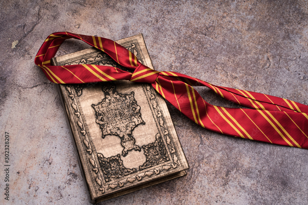Naklejka premium Subjects of the school of magic. Scarf, magic wand, book of spells, pumpkin