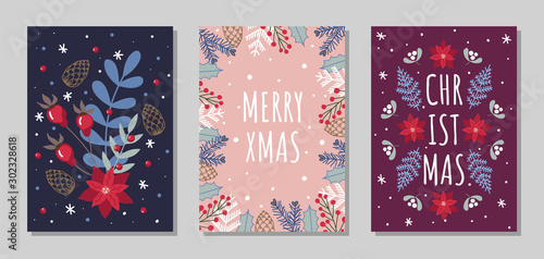 Set of Christmas greeting cards with floral hand-drawn elements.