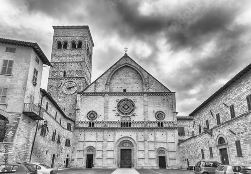 Exterior view of the medieval Cathedral of Assisi, Italy