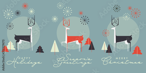 Set of Three Holiday Greeting Cards with Reindeer, Pine Trees and Snowflakes