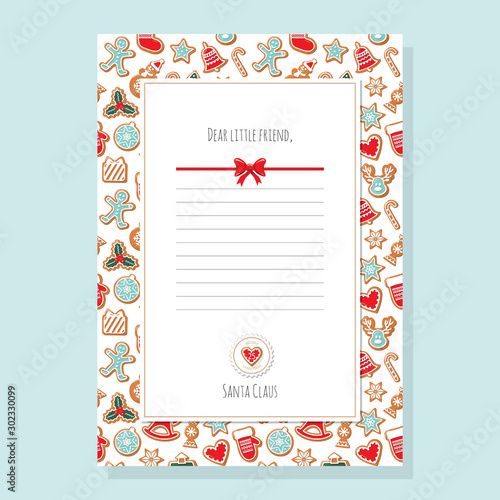Christmas letter from Santa Claus template A4. Pattern with gingerbread cookies is full under clipping mask. Vector