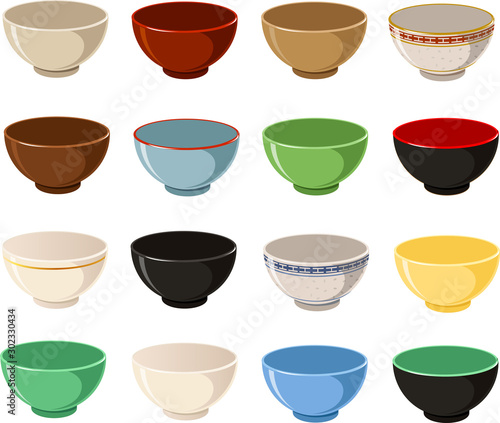 Vector illustration of various Asian ceramic porcelain bowls