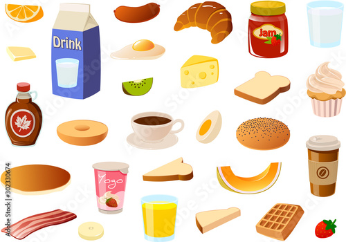 Vector illustration of various breakfast food items and products
