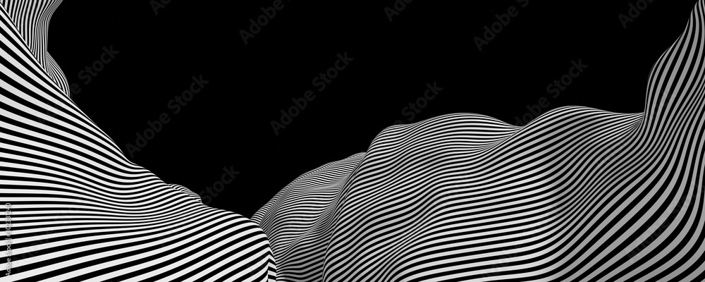 Abstract striped surface, black and white original 3d rendering - obrazy, fototapety, plakaty 