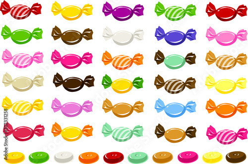 Vector illustration of various candies in colorful wrappers