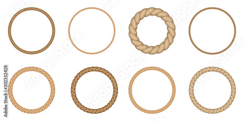 Round rope borders set. Circle vintage frames. Vector design elements.