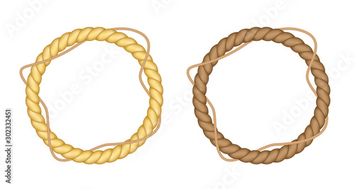 Round rope borders set. Circle vintage frames. Vector design elements.