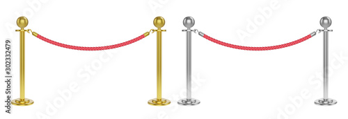 Realistic velvet rope barrier with golden and silver poles. Isolated vector illustration.