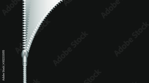 Open zipper, editable template. Stylish black background for banner, landing page, flyer, cover, stories etc. Vector.
