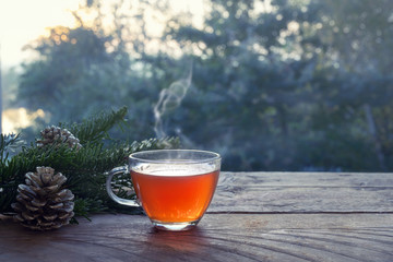 Cup with hot steaming tea on a rustic wooden garden table with Christmas decoration on a winter day, health concept against cold and flu, copy space,