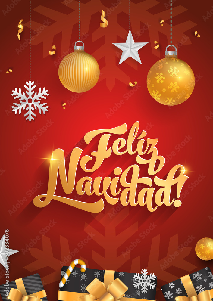 Feliz Navidad - Merry christmas  in spanish language red poster template glitter gold elements, snowflakes, stars and calligraphy