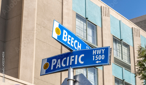 Pacific hwy and beech sign in city of San Diego California usa 