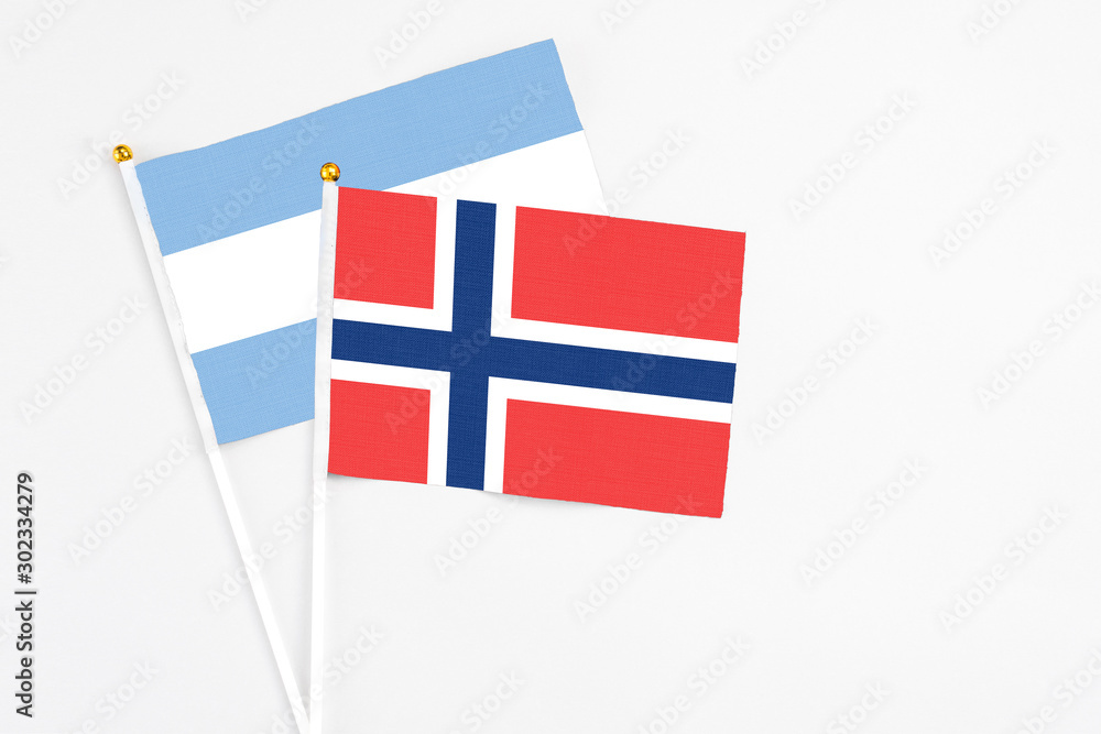 Norway and Argentina stick flags on white background. High quality fabric, miniature national flag. Peaceful global concept.White floor for copy space.