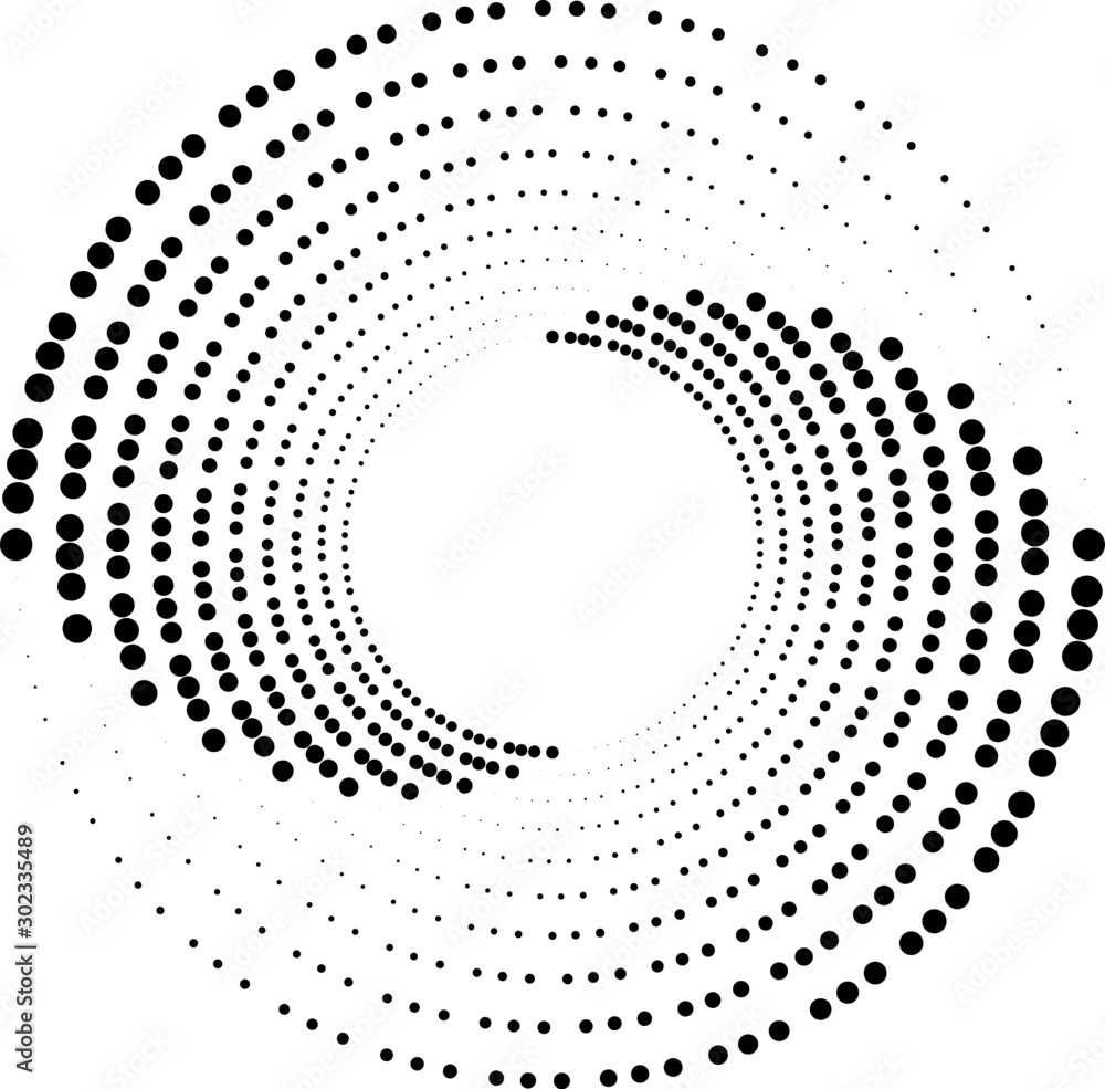 Halftone dots in spiral form. Geometric dotted shape. Design element for frames, prints, web pages, template, logos and textile pattern Halftone dots in spiral form. Geometric dotted shape. Design element for frames, prints, web pages, template, logos and textile pattern