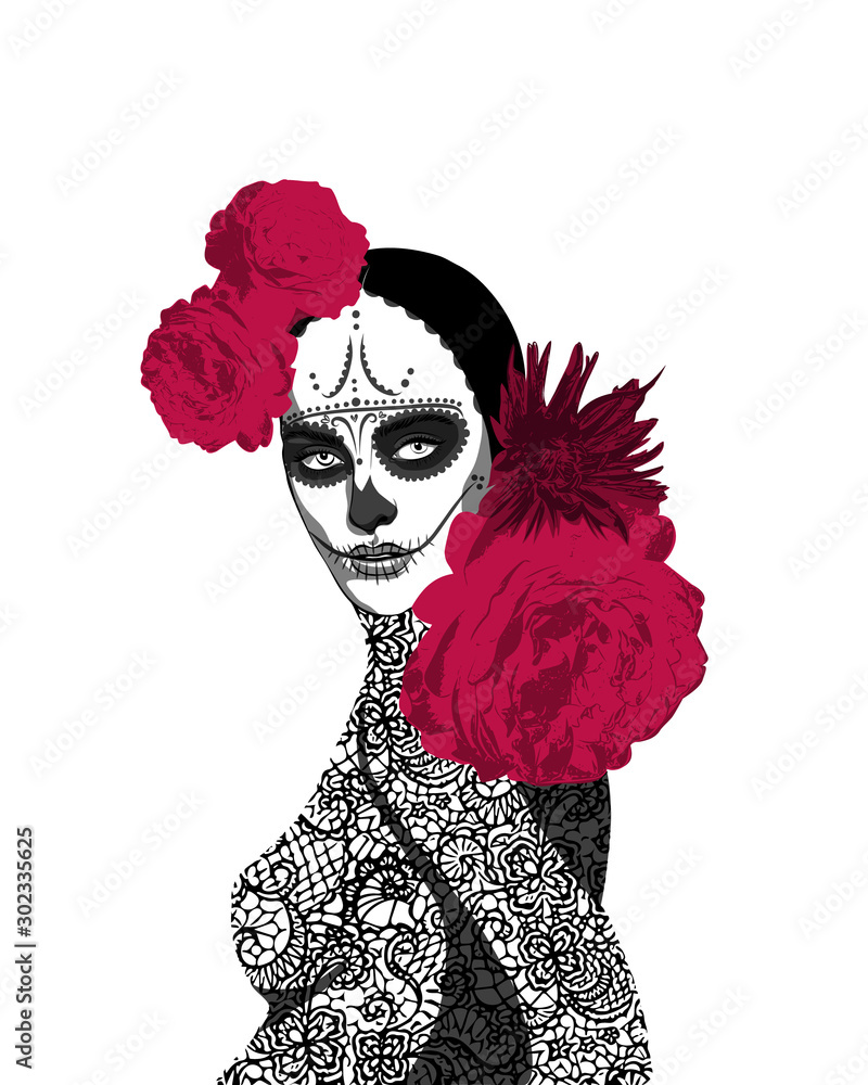 Sugar skull Lady. Hand drawn vector graphic.