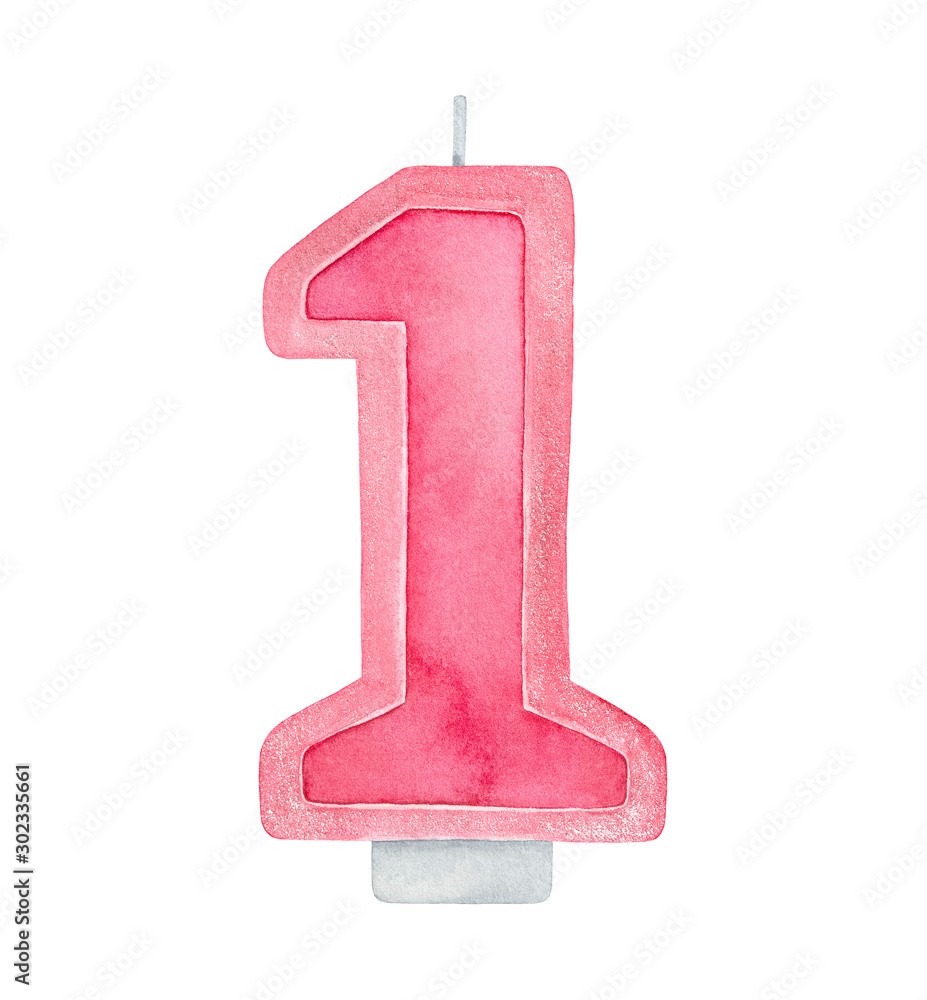 Watercolour illustration of pink "Number 1" candle decorated with tiny