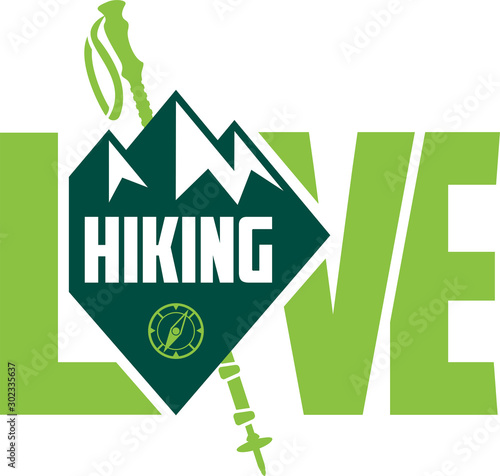 vector hiking emblem labels with mountains and trekking pole. "I love hiking"